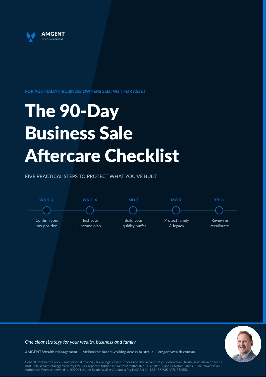 Cover of AMGENT's free 90-Day Business Sale Aftercare Checklist PDF