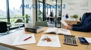 Featured Image showing a modern office desk with compliance documents, property keys, a calculator and contract papers for an AML/CTF Tranche 2 blog post