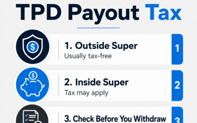 TPD payout tax infographic showing three sections: Outside Super, usually tax-free; Inside Super, tax may apply; and Check Before You Withdraw, with age, structure, and components listed.