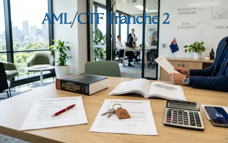 Featured Image showing a modern office desk with compliance documents, property keys, a calculator and contract papers for an AML/CTF Tranche 2 blog post