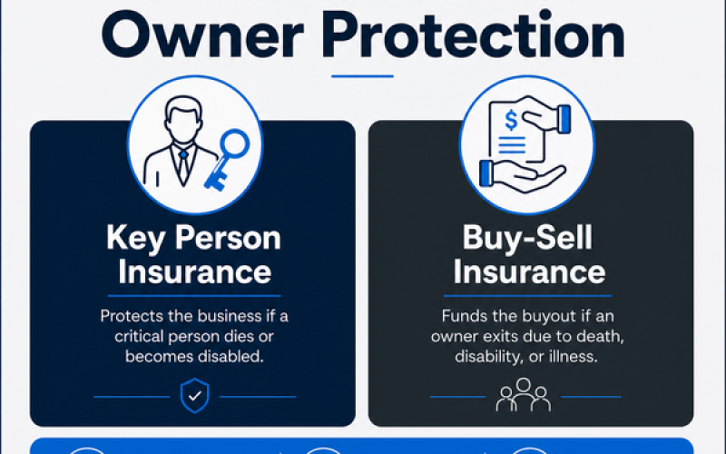 Infographic showing small business owner protection with two sections: key person insurance and buy-sell insurance