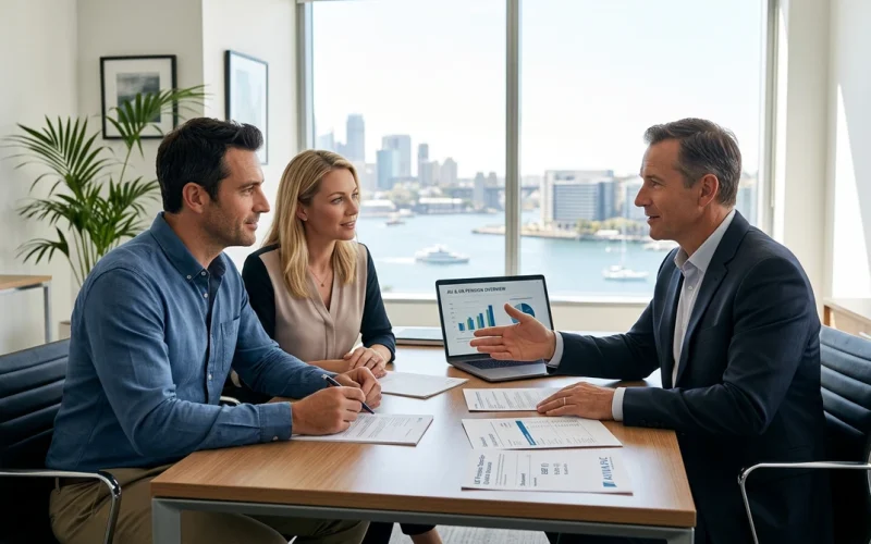 UK expat couple reviewing a UK QROPS pension transfer to Australian super with a financial adviser.