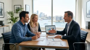 UK expat couple reviewing a UK QROPS pension transfer to Australian super with a financial adviser.